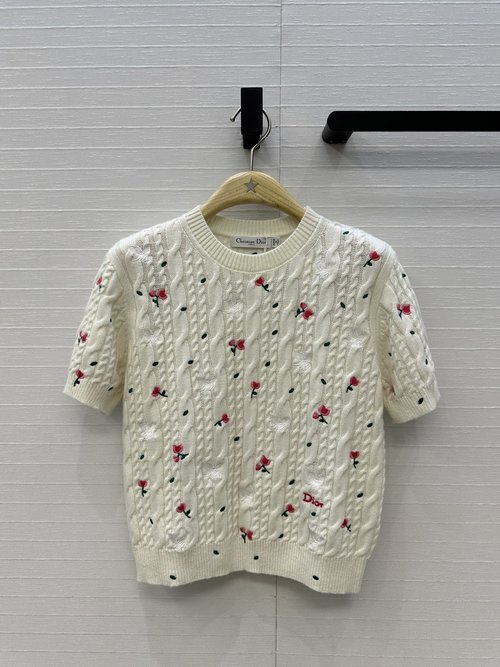 Dior New Garden Embroidery Short - Sleeve Sweater, Elegant