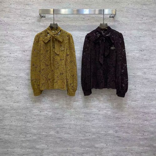 Dior Romantic Lace Top with Bow and Metal Buckle on Collar