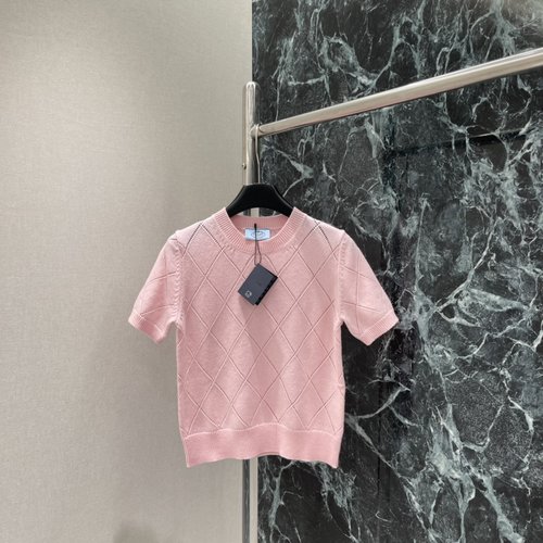 Prada Cherry Blossom Pink Knit Short-Sleeve with Diamond Lace