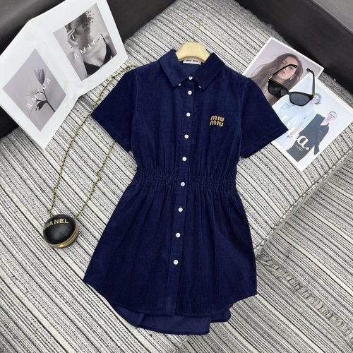 Miu Miu Classic Collar Corduroy Dress with Logo Embroidery