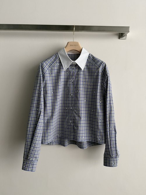 Loro Piana Checked Long-Sleeve Shirt with Embroidered & Rhinestone Deco