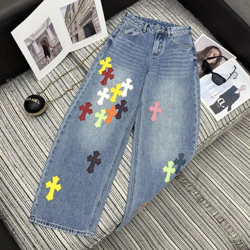 Chrome Hearts Early Spring: Colorful Leather Cross Patchwork Jeans