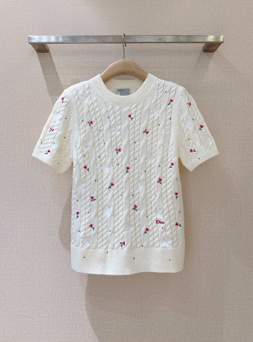 Dior Embroidered Short-sleeve Knitted Top with Hollow-out Weaving