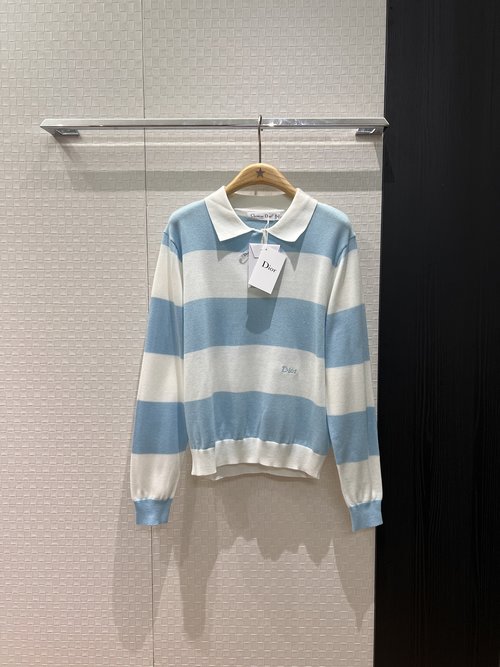 Dior Color-blocked Wide-striped Knitted Polo with Embroidered Logo