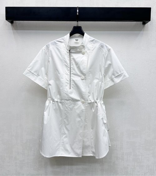 Hermes Stand-Collar Short-Sleeve Shirt with Zip Waist Detail