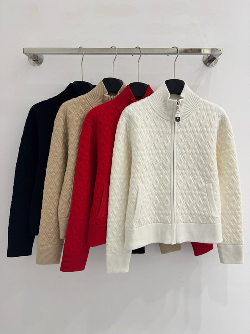 Louis Vuitton Stand - up Collar Diamond - Pattern Knit Cardigan with Pockets