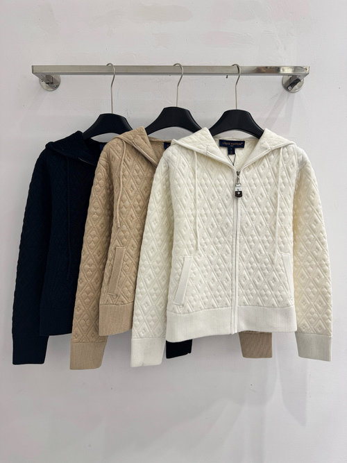 Louis Vuitton Diamond - Pattern Knit Hooded Cardigan with Pockets