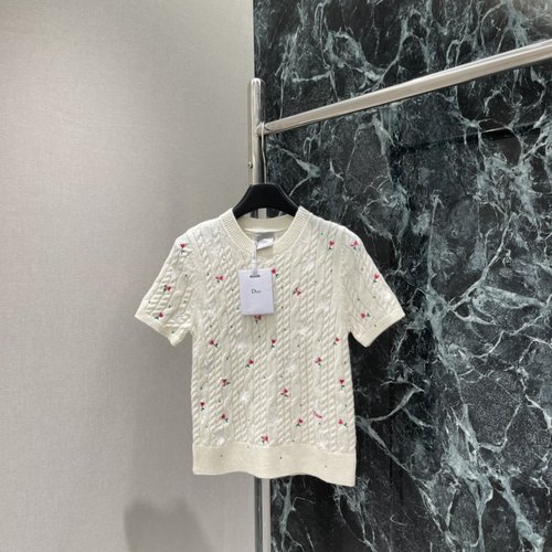 Dior Embroidered Floral Knit Short Sleeve with Textured Pattern