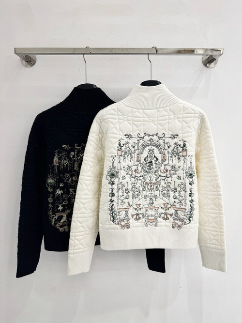Dior Stand-Up Collar Embroidery Knit Coat with Colorful Back
