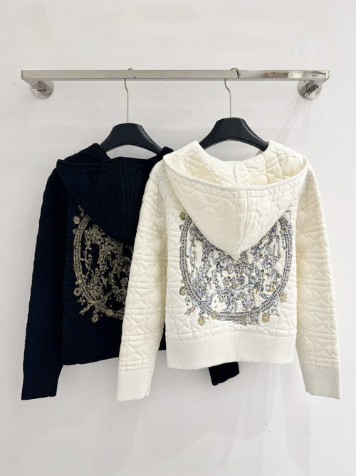Dior Hooded Cardigan with Checkerboard and Colorful Embroidery