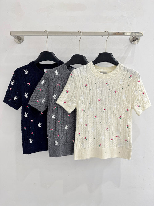 Dior Short-Sleeve Knit Sweater with Embroidered Patterns