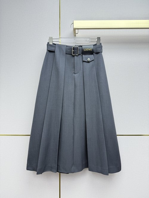 Loewe Pleated Skirt with Letter Leather Tag and Matching Belt