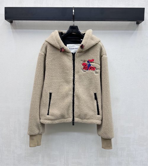 Burberry Hooded Plush Coat with Equestrian Embroidery Accents