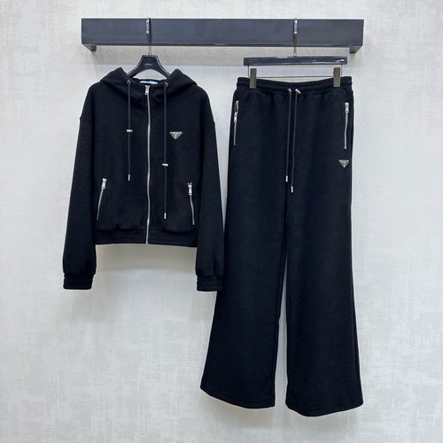 Prada Stylish Hooded Jacket and Drawstring Wide - Leg Pants Set with Metal Logo