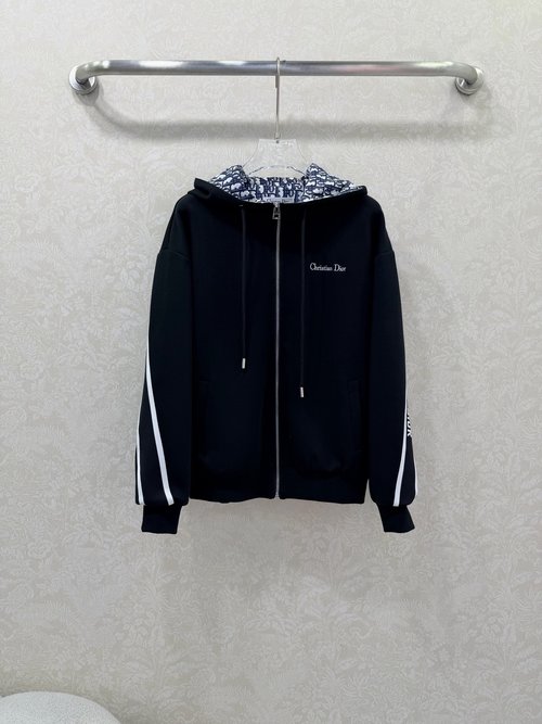 Dior Comfortable Hooded Zipper Sweatshirt with Embroidered Logo