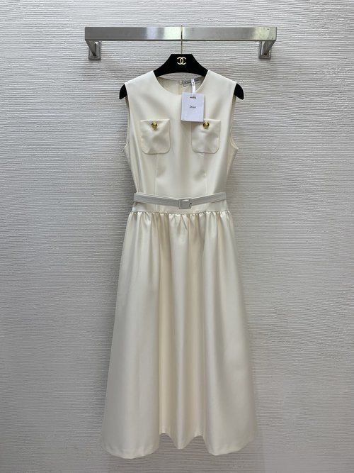 Dior Elegant Sleeveless Gold - Buttoned Dress with Big Skirt