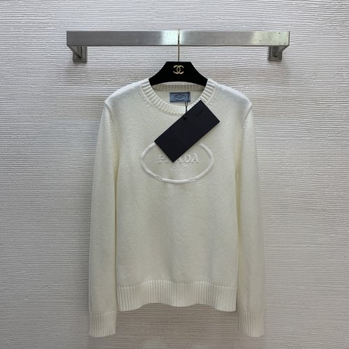 Prada Round-Neck Long Sleeve Knit Sweater with Embroidered Logo