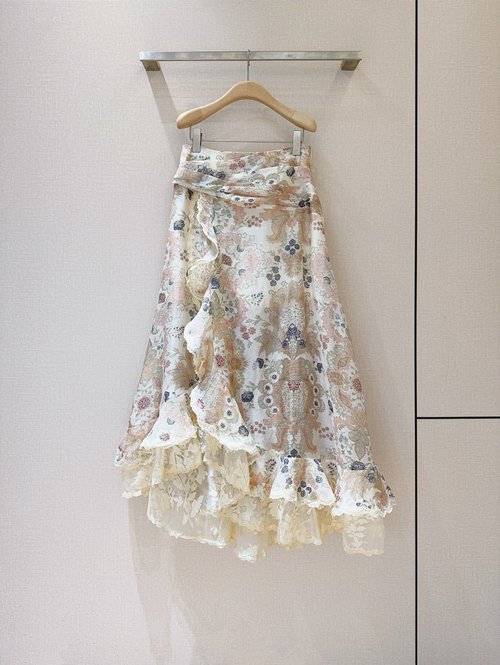 Zimmermann Silk-Linen Blend Long Skirt with Irregular Lace Hem