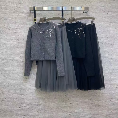 Dior Wool Cardigan and Tulle Skirt Set with Pearl Bow