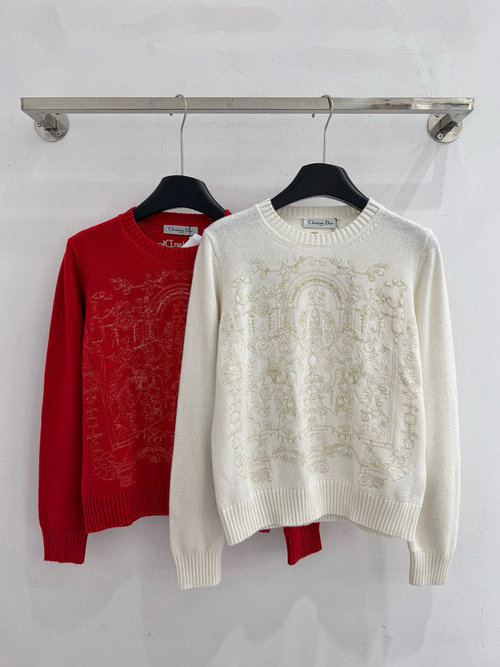 Dior Round-Neck Knit Sweater with Intricate Embroidery