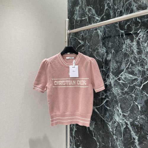 Dior Sweet Pink Heart Embroidery Knit Short Sleeve Top