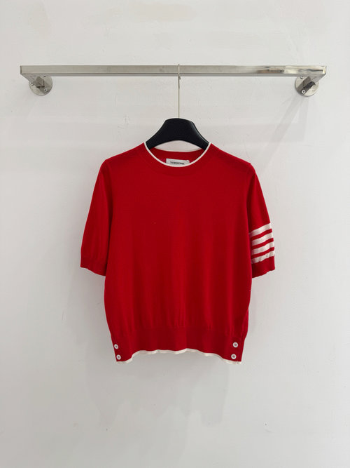 Thom Browne Red Striped Short Sleeve Knit Top with Buttons