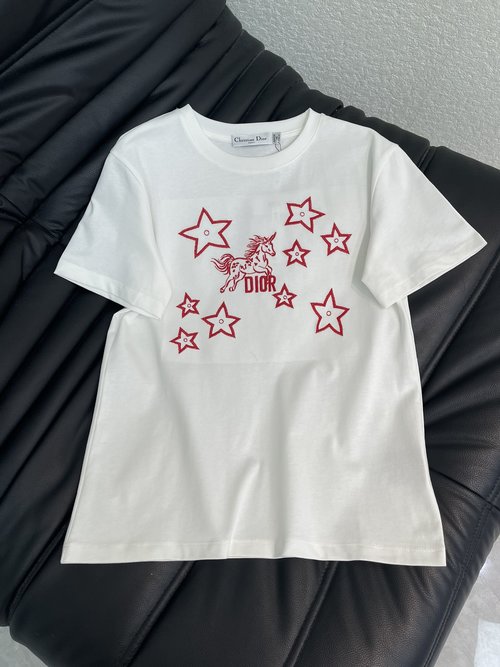 Dior New Year Limited Embroidery Pony Logo T-Shirt, Romantic