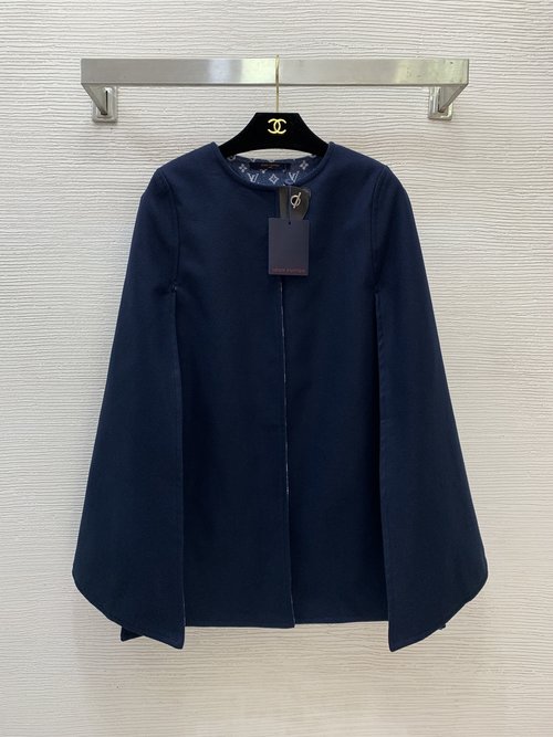 Louis Vuitton Navy Blue Loose Slit Cloak Woolen Coat with Leather Logo