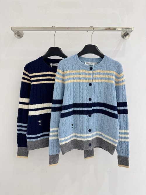 Dior Striped Knit Cardigan with Fresh Color Block, Cable Texture & Hem Letter Embroidery