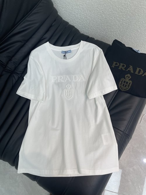 Prada Breathable Gold Foil Letter Logo Short Sleeve T-Shirt
