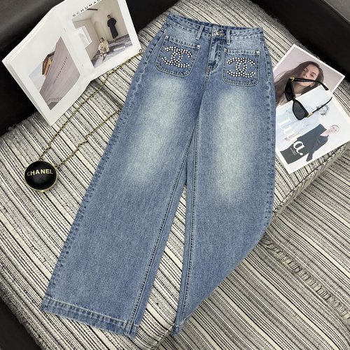 Chanel Double C Logo Rhinestone Denim Wide-Leg Pants with Stylish Wash