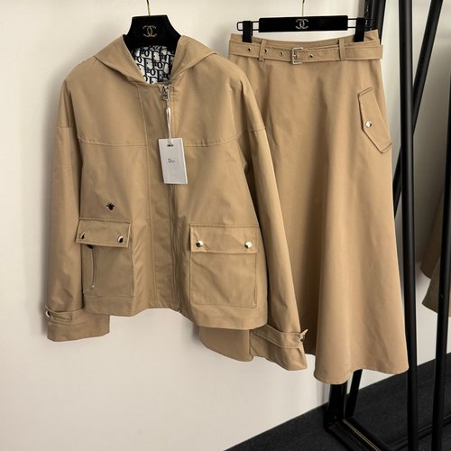 Dior Khaki and Black Workwear - style Windbreaker with Floral Logo and Skirt Set