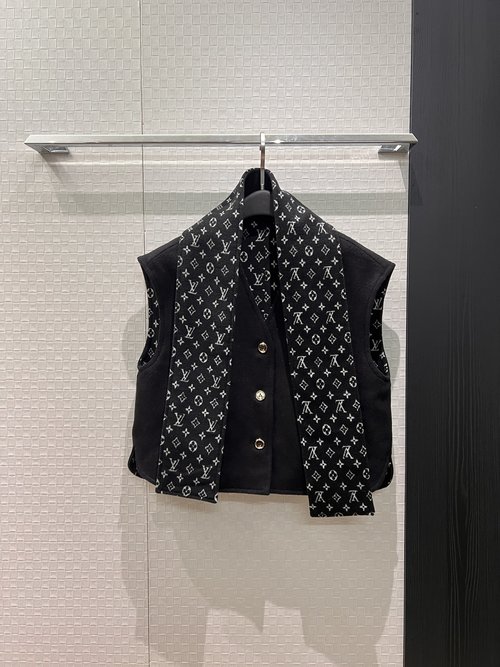 Louis Vuitton Damier Pattern Scarf-Decorated Wool V-Neck Sleeveless Vest