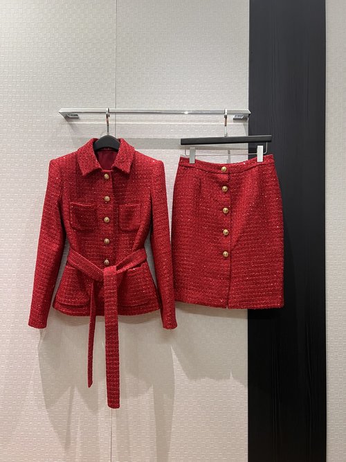 Dolce & Gabbana Classic Red Woolen Tweed Jacket and Flared Skirt