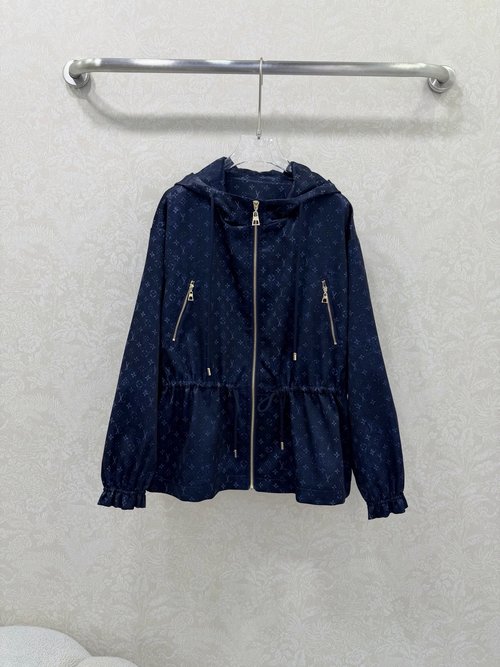 Louis Vuitton Sophisticated Hooded Print Jacket with Branded Zipper