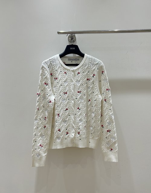 Dior Red Flower Series White Dove Embroidered Knit Cardigan