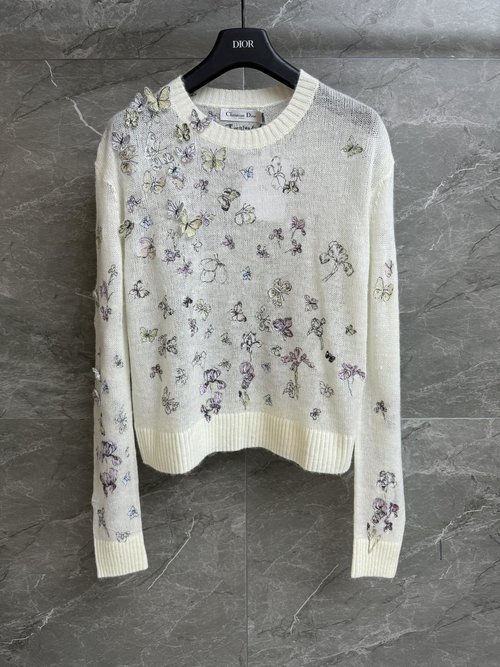 Dior Round-Neck Knit Sweater with Colorful Butterfly Embroidery, Spring Collection