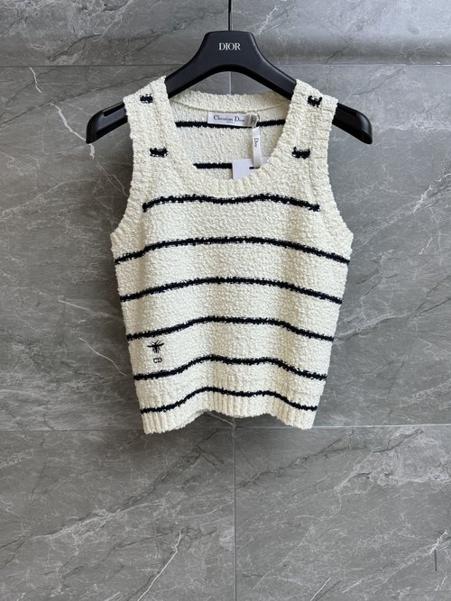 Dior U-neck Striped Knit Vest with CD Bee Embroidery