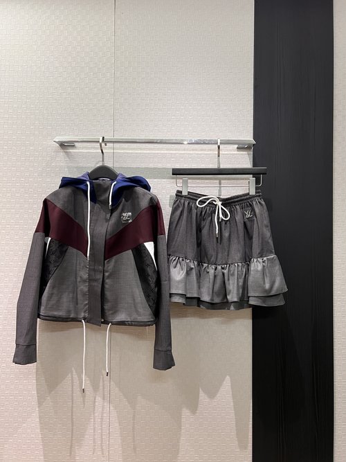 Louis Vuitton Checked Collage Hooded Wool Coat with Skirt, Casual and Chic