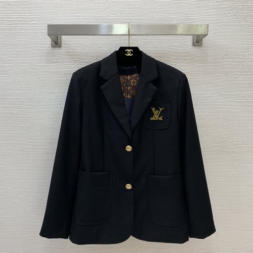 Louis Vuitton Black Blazer with Gold - embroidered Logo and Double Pockets