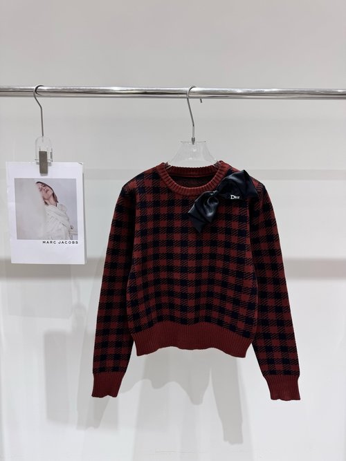 Dior New Red Checkered Jacquard Knit Pullover