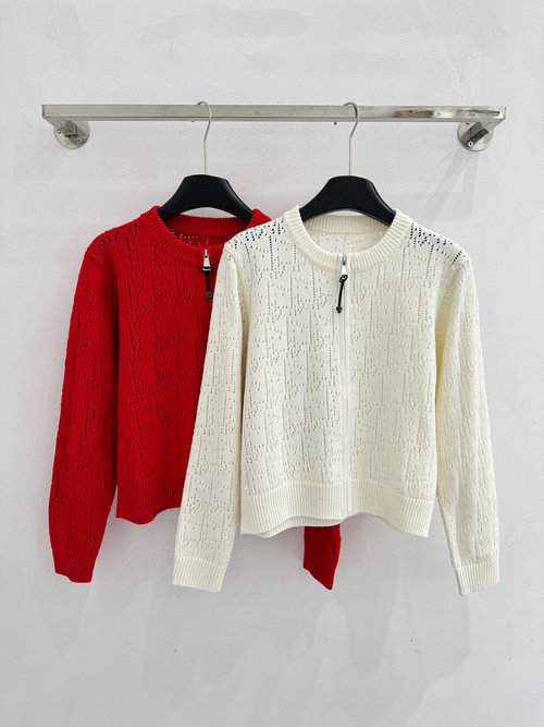 Dior Letter Hollow Patterned Knit Cardigan with Zipper Closure in Red, White