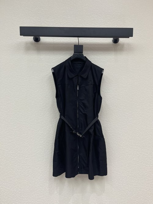 Prada Collared Belted Sleeveless Recycled Nylon Dress