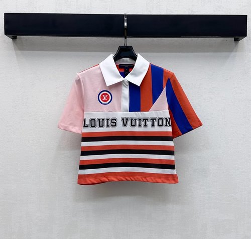 Louis Vuitton Imported Cotton Collared Top with Stripe Pattern