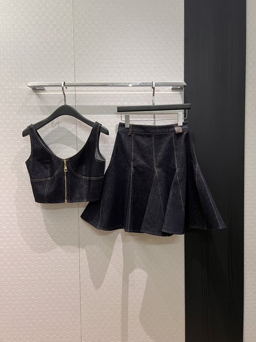 Louis Vuitton Zippered Denim Halter Top and Ruffled Skirt with Leather Label