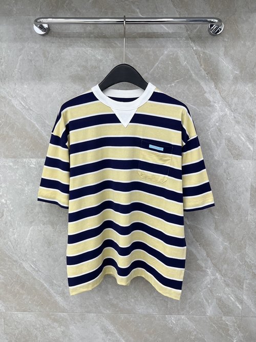 Prada Cotton Striped Round Neck Short Sleeve T-Shirt with Patches