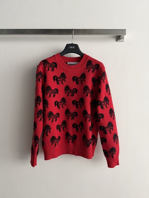 Dior Red Knit Sweater with Horse Pattern, Fashionable & Warm