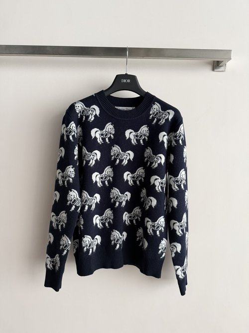 Dior Red Knit Sweater with Horse Pattern, Fashionable & Warm
