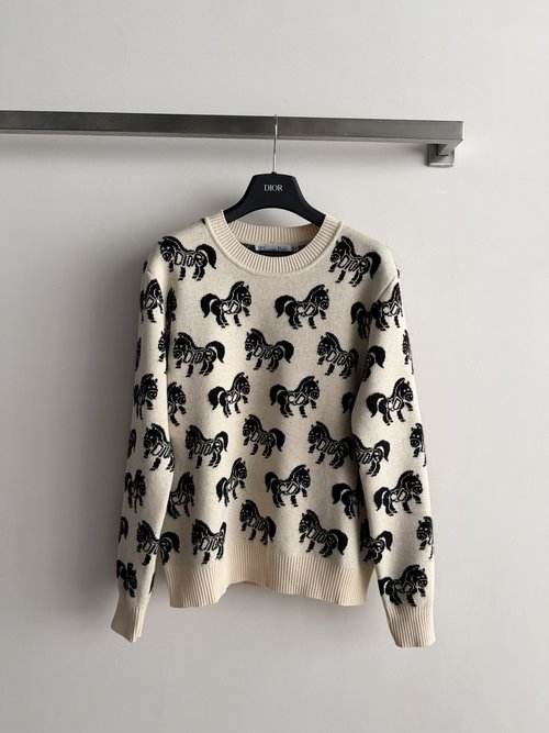 Dior Red Knit Sweater with Horse Pattern, Fashionable & Warm