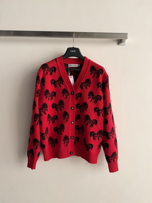 Dior Red Knit Cardigan with Horse Pattern, Stylish & Comfortable